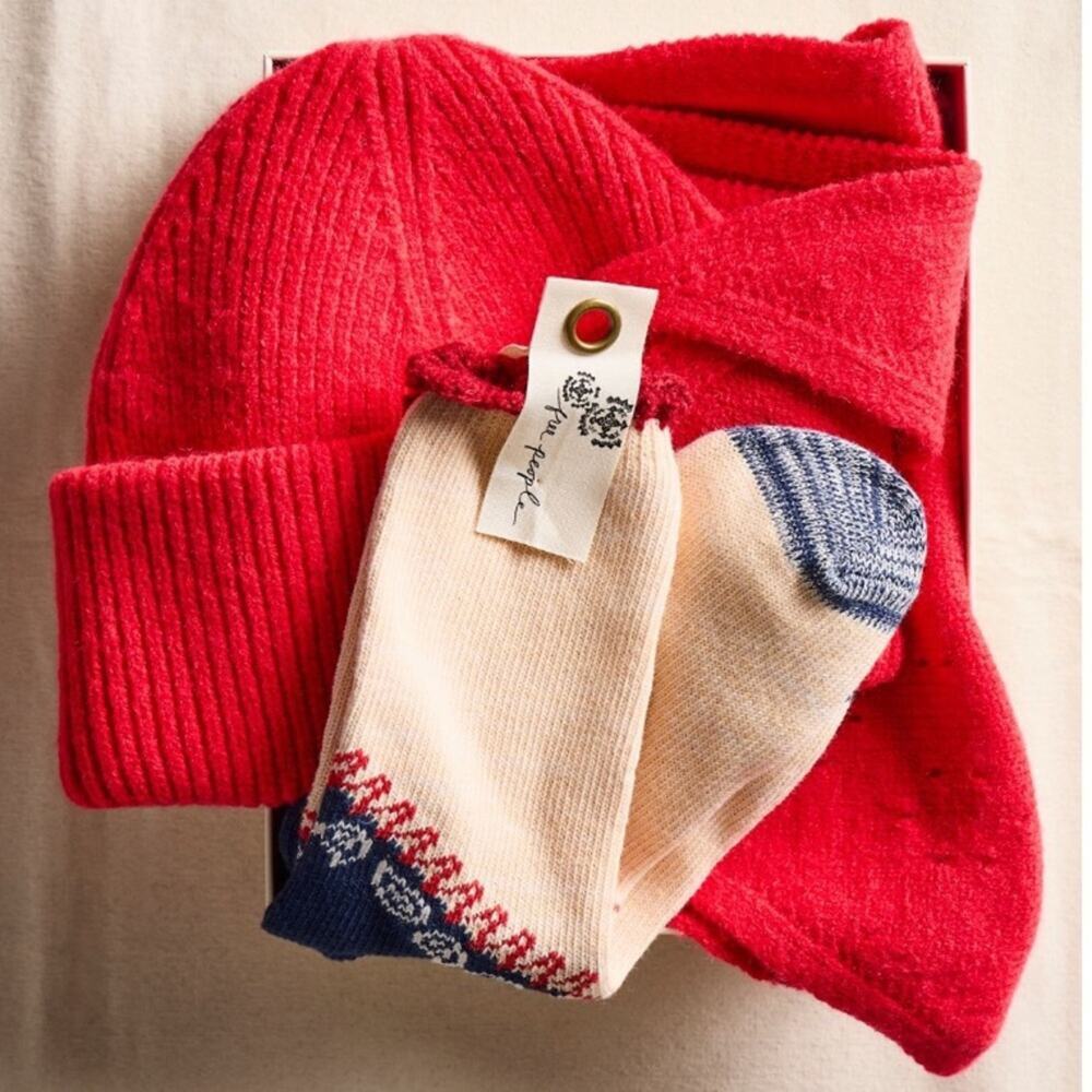 Merry Free People Bundle in Red Beanie Hat, Neckerchief Scarf & Socks Gift Box - Picture 3 of 15